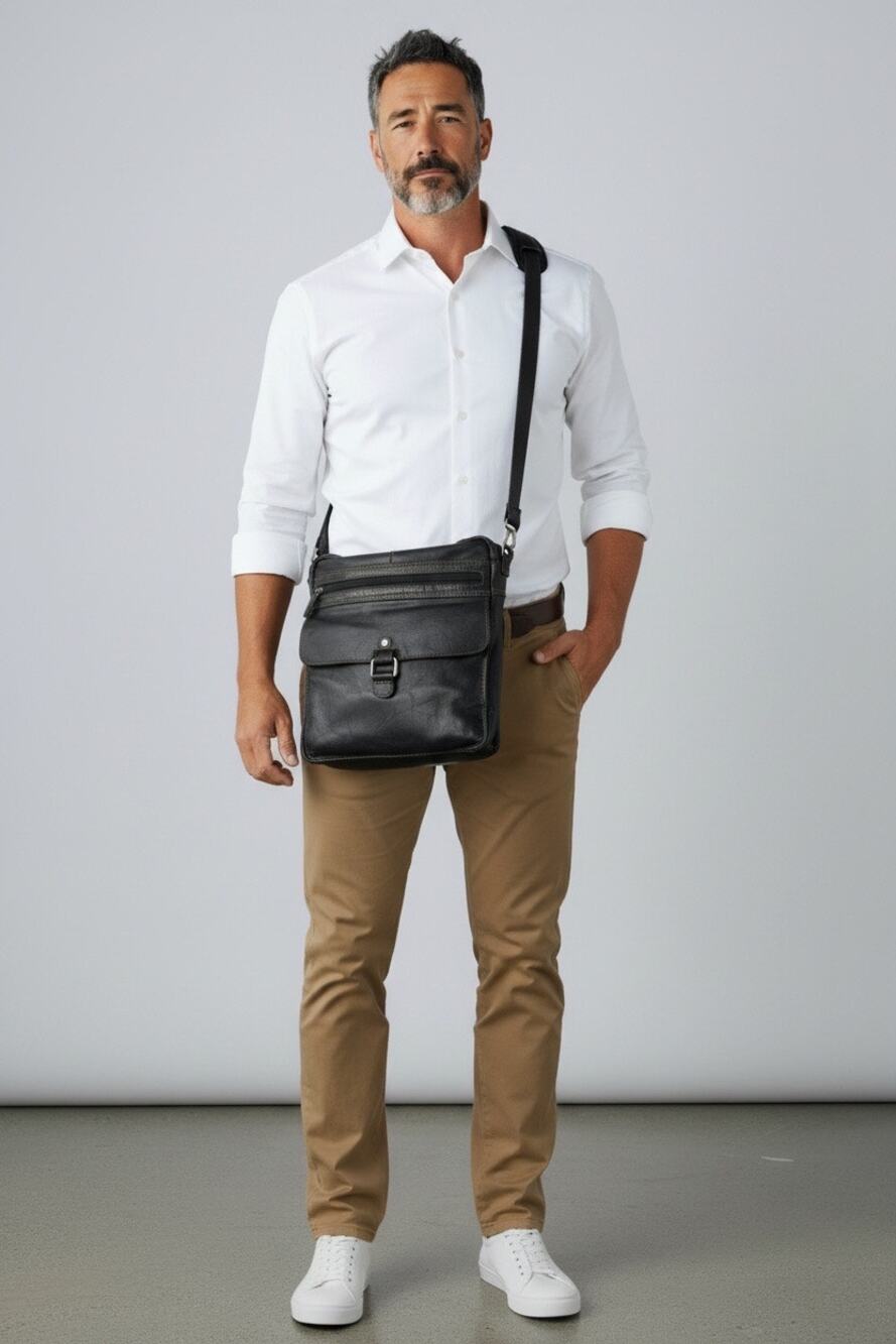 Jack Georges Voyager Crossbody Bag Black Leather Flap Zip Pockets Mens Travel